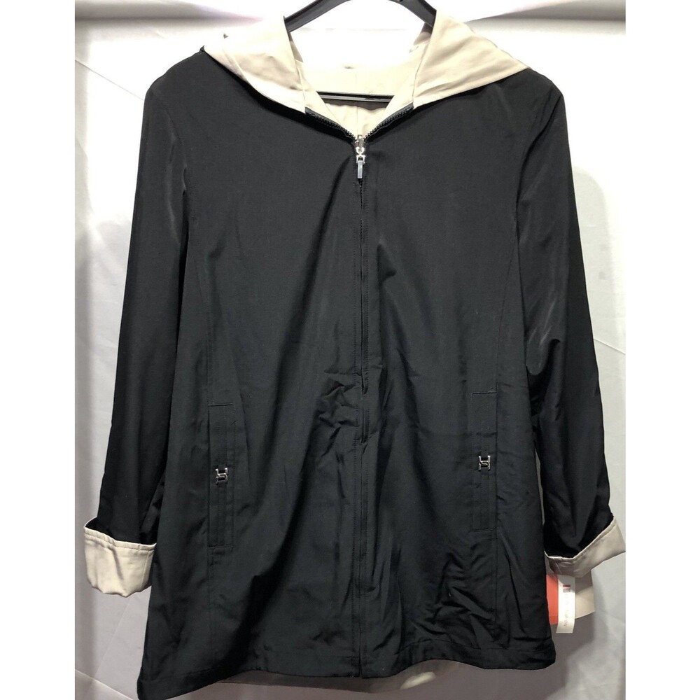 NWT Croft Barrow Reversible Rain Coat Jacket XL Blk Gray Silky Hood Full Zip